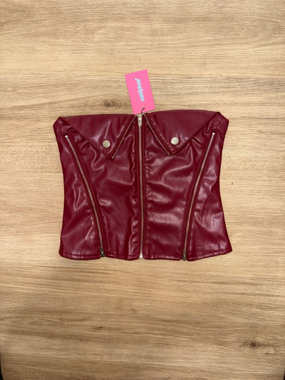 Edikted Strapless Faux Leather Bustier in Burgundy Red